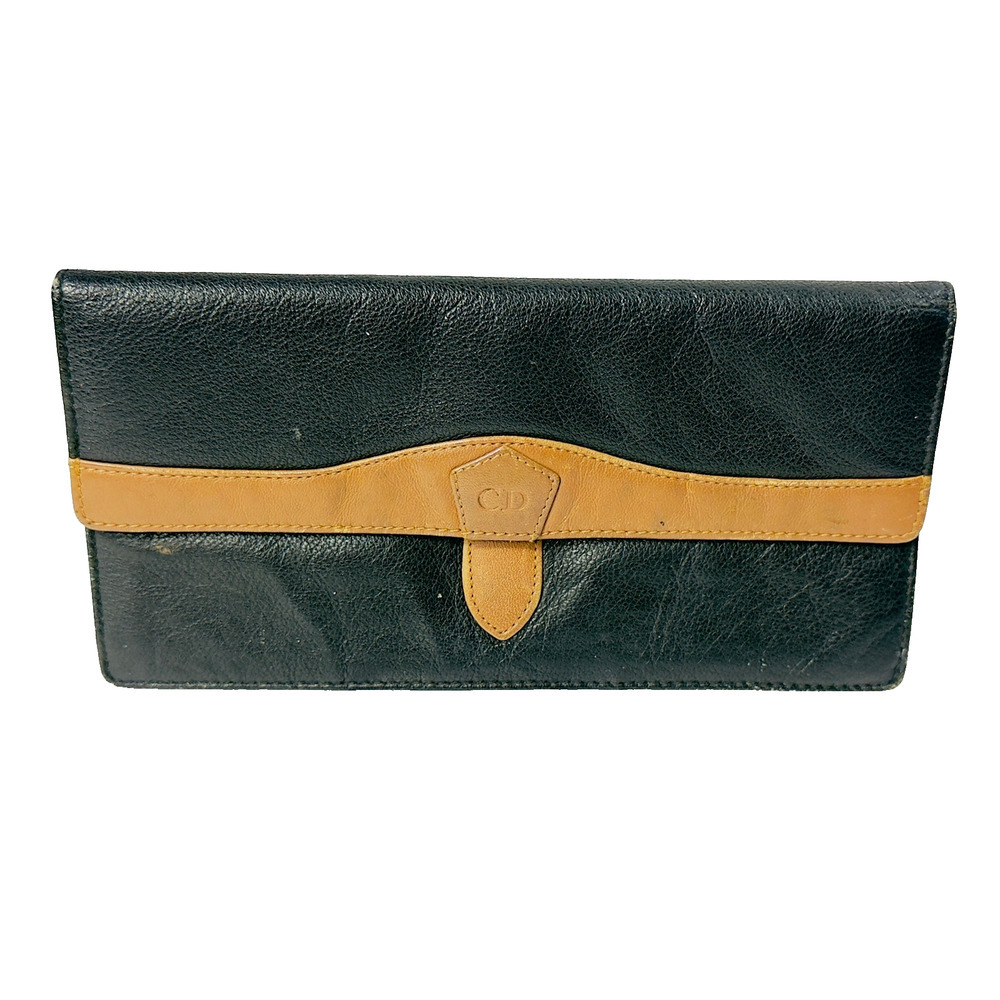 Vintage‎ 80s Christian Dior Black Tan Leather Envelope Wallet Runway